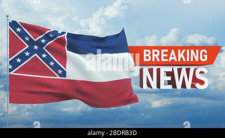 Ultime notizie. Notizie del mondo con sfondo sventolando bandiera degli stati Uniti d'America. Bandiera dello stato del Mississippi. Illustrazione 3D pandemica. Foto Stock