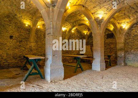 Sala da pranzo in volta medievale ad arco con mobili e colonne Foto Stock