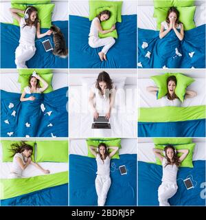 Giovane donna rilassante a letto, dormire, connessione online e avere un influenza: stile di vita camera da letto concetto mosaico, vista superiore Foto Stock