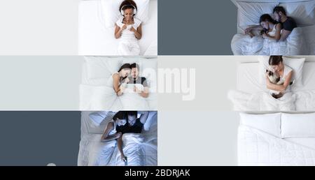 Banner stile di vita per persone e camere da letto con spazio copia vuoto, vista dall'alto Foto Stock