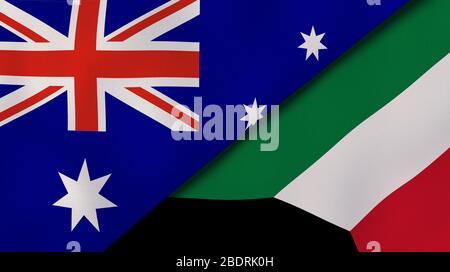 Due bandiere di stati dell'Australia e del Kuwait. Background aziendale di alta qualità. illustrazione 3d Foto Stock