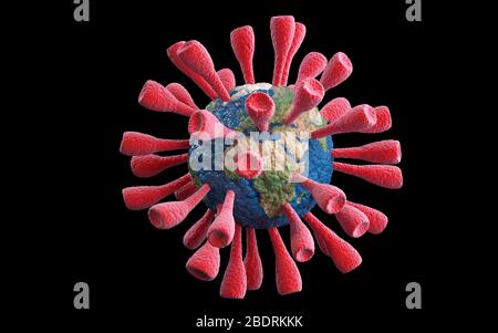 Coronavirus Covid-19 che attacca una cellula che assomiglia al pianeta Terra. Rendering 3D Foto Stock
