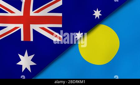 Due bandiere di stato dell'Australia e Palau. Background aziendale di alta qualità. illustrazione 3d Foto Stock