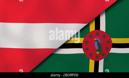 Due bandiere di stati dell'Austria e Dominica. Background aziendale di alta qualità. illustrazione 3d Foto Stock