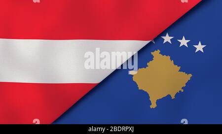 Due bandiere di stati dell'Austria e del Kosovo. Background aziendale di alta qualità. illustrazione 3d Foto Stock