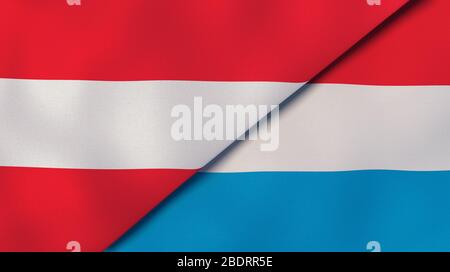 Due bandiere di stati dell'Austria e del Lussemburgo. Background aziendale di alta qualità. illustrazione 3d Foto Stock