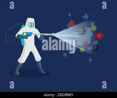 Sanitizzazione e disinfettante un ufficio per il virus corona covid-19 e insetti. Correttore umano di fare il controllo di peste negli uffici e a casa. Igienizzare Illustrazione Vettoriale