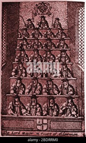 Un insieme contemporaneo di ritratti del Signore Sindaco di Londra (Sir Thomas Pilkington) e dei suoi Aldermen nel 1690 seduti alla Corte degli Aldermen. Sir Thomas, membro della Skinner's Guild/Livery Company (ha ricoperto il titolo di Master 1677, 1681, E 1682) fu un mercante inglese, politico e parlamentare Whig durante i giorni del 'Parlamento di Short, così come essere eletto alderman del rione di Farringdon senza e uno sceriffo. La sua casa nel 1677 era a Bush Lane, Scott's Yard, Cannon Street. Sua moglie era Hannah Bromwich di Londra che gli portava due figli Foto Stock