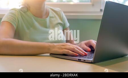 Primo piano della donna che digita sul computer portatile. Foto Stock