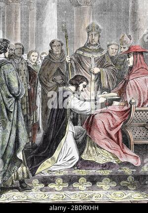 'Jean d'angleterre se sumettant au Pape Innocent III en mai 1213, apres son excommunication, il rencontre le legat Pandulf Musca en mai 1213 a l'egli Foto Stock