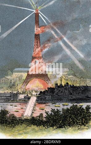 "Embrasement de la Tour Eiffel Lors de l'exposition universelle de 1889 Paris" (Torre Eiffel illuminata durante la fiera mondiale di Parigi 1889) Dessin Foto Stock