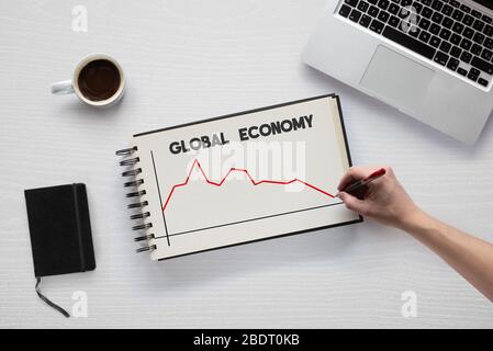 Posa piatta di oggetti relativi al lavoro da casa, scrittura e disegno. C'è una mano che disegnano un grafico dell'economia globale dopo il coronavirus (covid- Foto Stock