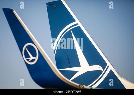 Otopeni, Romania - 9 aprile 2020: Logo Tarom (la compagnia aerea operativa della Romania) su ali e coda di un aereo. Foto Stock