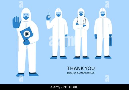 Illustrazione vettoriale in stile piatto. Grazie medici e infermieri che aiutano le persone a far fronte al nuovo coronavirus COVID-19. Persone in abiti bianchi di nocciolo Illustrazione Vettoriale