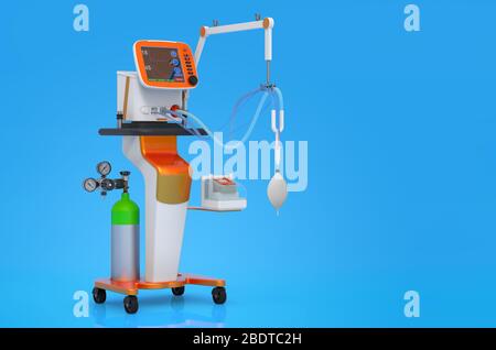 Ventilatore medico su sfondo blu. Rendering 3D Foto Stock