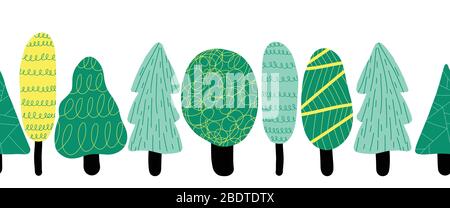 Alberi colorati senza giunture bordo vettoriale. Ripetizione astratta natura modello orizzontale vari alberi di foresta in sfumature verdi su bianco. Per banner, nastro Illustrazione Vettoriale