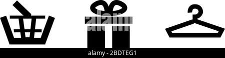 Set di icone per l'acquisto di glifi, cestino della spesa, scatola regalo, appendiabiti. Boutique Shop Vector isolato icona nera. Acquista la collezione di elementi presenti. Illustrazione Vettoriale