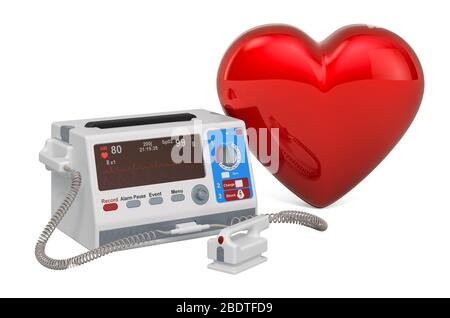 Defibrillatore con cuore rosso, rendering 3D isolato su sfondo bianco Foto Stock