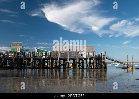 Storico vecchio molo sul porto di Provincetown riflesso alla bassa marea su Cape Cod Foto Stock