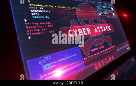Allarme rosso Cyber Attack con simbolo del cranio sullo schermo del computer con effetto glitch. Hacking, sistema di sicurezza delle violazioni, cybercriminalità, pirateria, sicurezza digitale e Foto Stock