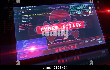 Allarme rosso Cyber Attack con simbolo del cranio sullo schermo del computer con effetto glitch. Hacking, sistema di sicurezza delle violazioni, cybercriminalità, pirateria, sicurezza digitale e Foto Stock