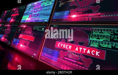 Allarme rosso Cyber Attack con simbolo del cranio sullo schermo del computer con effetto glitch. Hacking, sistema di sicurezza delle violazioni, cybercriminalità, pirateria, sicurezza digitale e Foto Stock