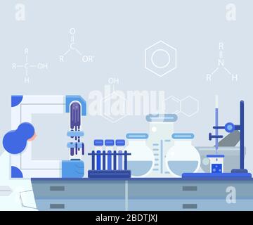Esperimenti di scienziati su reagenti chimici con tavolo pieno di vetreria e attrezzature da laboratorio. Concetto di scienza del design piatto. Illustrazione Vettoriale