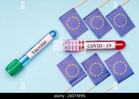 Provette da laboratorio per analisi di coronavirus e allergia in Europa. Pandemia mondiale Foto Stock