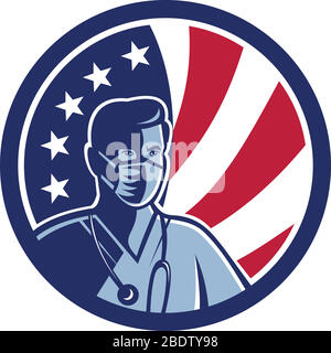 Icona Mascot illustrazione di busto di un infermiere americano maschio, medico, medico, operatore sanitario che indossa una maschera chirurgica con stelle USA e. Illustrazione Vettoriale