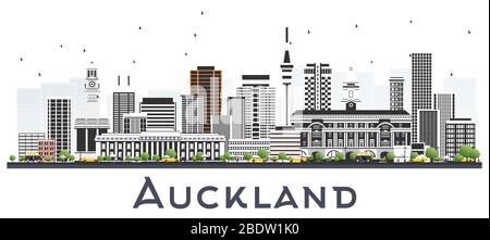 Auckland New Zealand City Skyline con edifici grigi isolati in bianco. Illustrazione vettoriale. Illustrazione Vettoriale