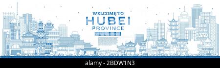 Benvenuti nella provincia di Hubei in Cina. Contorno dello skyline della città con edifici blu. Illustrazione vettoriale. Concetto di turismo con architettura storica. Hubei. Illustrazione Vettoriale