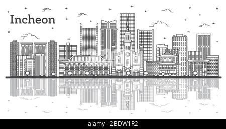 Contorno dello skyline della città di Incheon Corea del Sud con edifici moderni e riflessioni isolate su White. Illustrazione vettoriale. Illustrazione Vettoriale