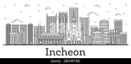 Contorno dello skyline di Incheon Corea del Sud con edifici moderni isolati su White. Illustrazione vettoriale. Incheon paesaggio urbano con punti di riferimento. Illustrazione Vettoriale