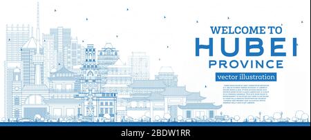 Benvenuti nella provincia di Hubei in Cina. Contorno dello skyline della città con edifici blu. Illustrazione vettoriale. Concetto di turismo con architettura storica. Hubei. Illustrazione Vettoriale