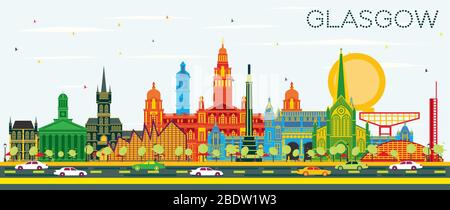 Glasgow Scozia skyline della città con edifici di colore e cielo blu. Illustrazione Vettoriale. Viaggi di affari e di turismo con il concetto di architettura storica. Illustrazione Vettoriale