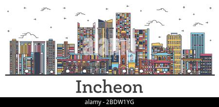 Contorno Incheon Corea del Sud Skyline con edifici a colori isolati su bianco. Illustrazione vettoriale. Incheon paesaggio urbano con punti di riferimento. Illustrazione Vettoriale