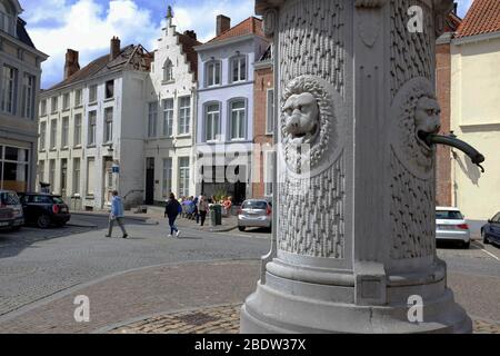 Una tradizionale fontana con acqua potabile con teste di leoni scolpiti in pietra nel centro storico di Bruges.Fiandre Occidentali. Belgio Foto Stock