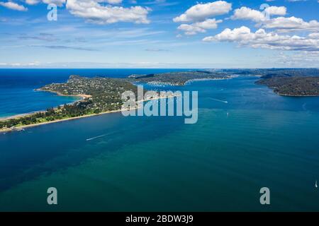 Vista aerea di Barrenjoey Head, Palm Beach e Pittwater, da West Head, Sydney, Australia Foto Stock