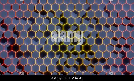 Illustrazione 3D di sfondo astratto con esagoni che sporgono dalla base a diverse altezze, colore gradiente Foto Stock