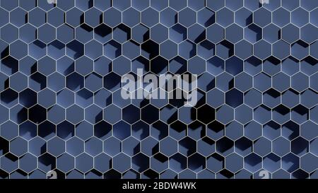 Illustrazione 3D di sfondo astratto con esagoni che sporgono dalla base a diverse altezze, colore blu principale Foto Stock