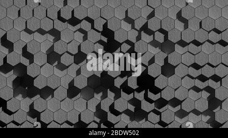 Illustrazione 3D di sfondo astratto con esagoni che sporgono dalla base a diverse altezze, grigio monocromatico Foto Stock