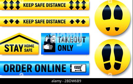 Mantenere la distanza e rimanere Home adesivi e marker per negozio o supermercato durante la quarantena epidemica di coronavirus COVID-19 Illustrazione Vettoriale