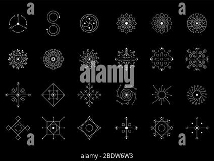 Set di simboli bianchi Magic Geometry. Simboli magici, segni oculari. Indicazioni UFO. Simboli di progettazione per puzzle, logica, giochi Metroidvania. Illustrazione vettoriale. EPS 1 Illustrazione Vettoriale