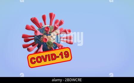 Coronavirus Covid-19 che attacca una cellula che assomiglia al pianeta Terra. Rendering 3D Foto Stock