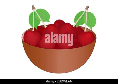Ciliegio. Ciotola di deliziose ciliegie succose isolate su sfondo bianco. Grande mucchio di ciliegie rosse fresche nella ciotola marrone. Piatto completo di frutti di bosco. Vettore Illustrazione Vettoriale