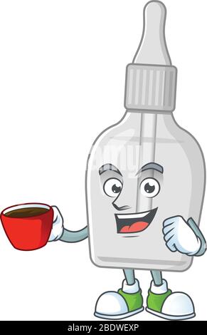 Un'immagine cartoon carattere di bottiglia con pipetta con una tazza di caffè Illustrazione Vettoriale