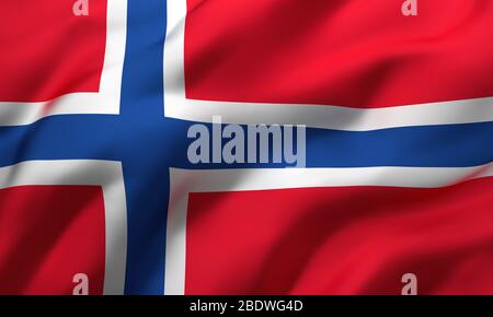 Bandiera della Norvegia che soffia nel vento. Bandiera norvegese a pagina intera. Illustrazione 3D. Foto Stock