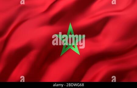 Bandiera del Marocco soffiare nel vento. Bandiera marocchina a pagina intera. Illustrazione 3D. Foto Stock