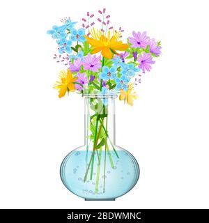 Mazzo di fiori nel vaso isolato su sfondo bianco. Mazzo di fiori selvatici in un vaso di vetro. Bouquet di fiori primaverili. Vettore di stock Illustrazione Vettoriale