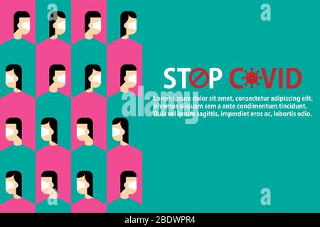 Le persone indossano maschere protettive per mostrare i sintomi di Coronavirus 2019 e i fattori di rischio salute e medico. Nuova epidemia di polmonite da CoVID-19 Illustrazione Vettoriale